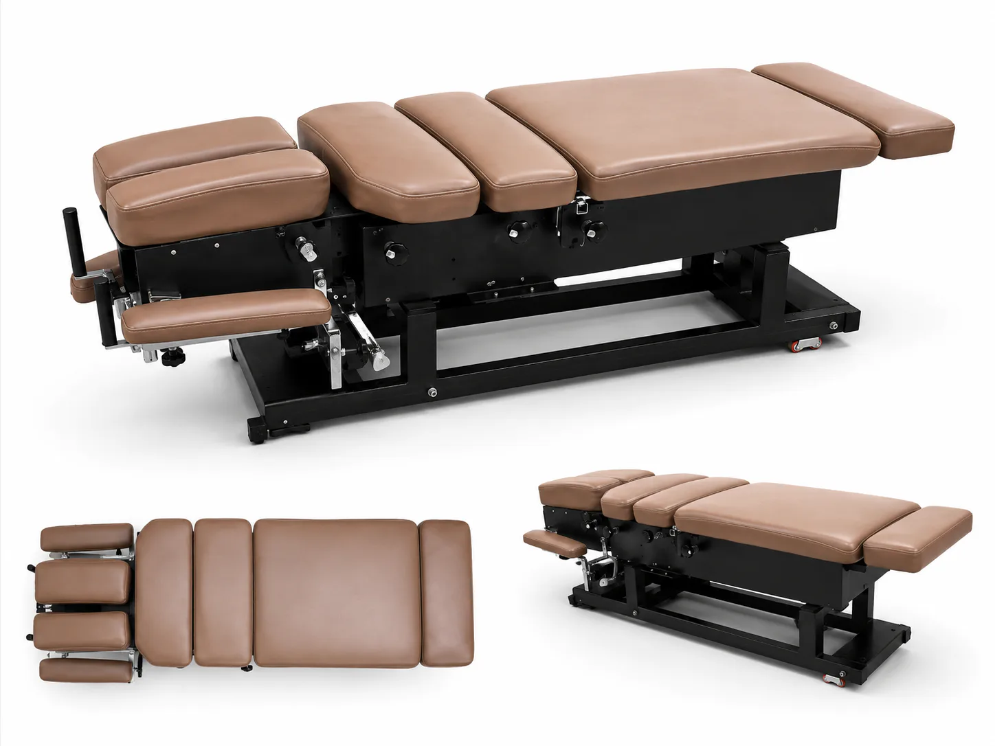 Multi-section adjustable clinical table used for supported positioning during physiotherapy