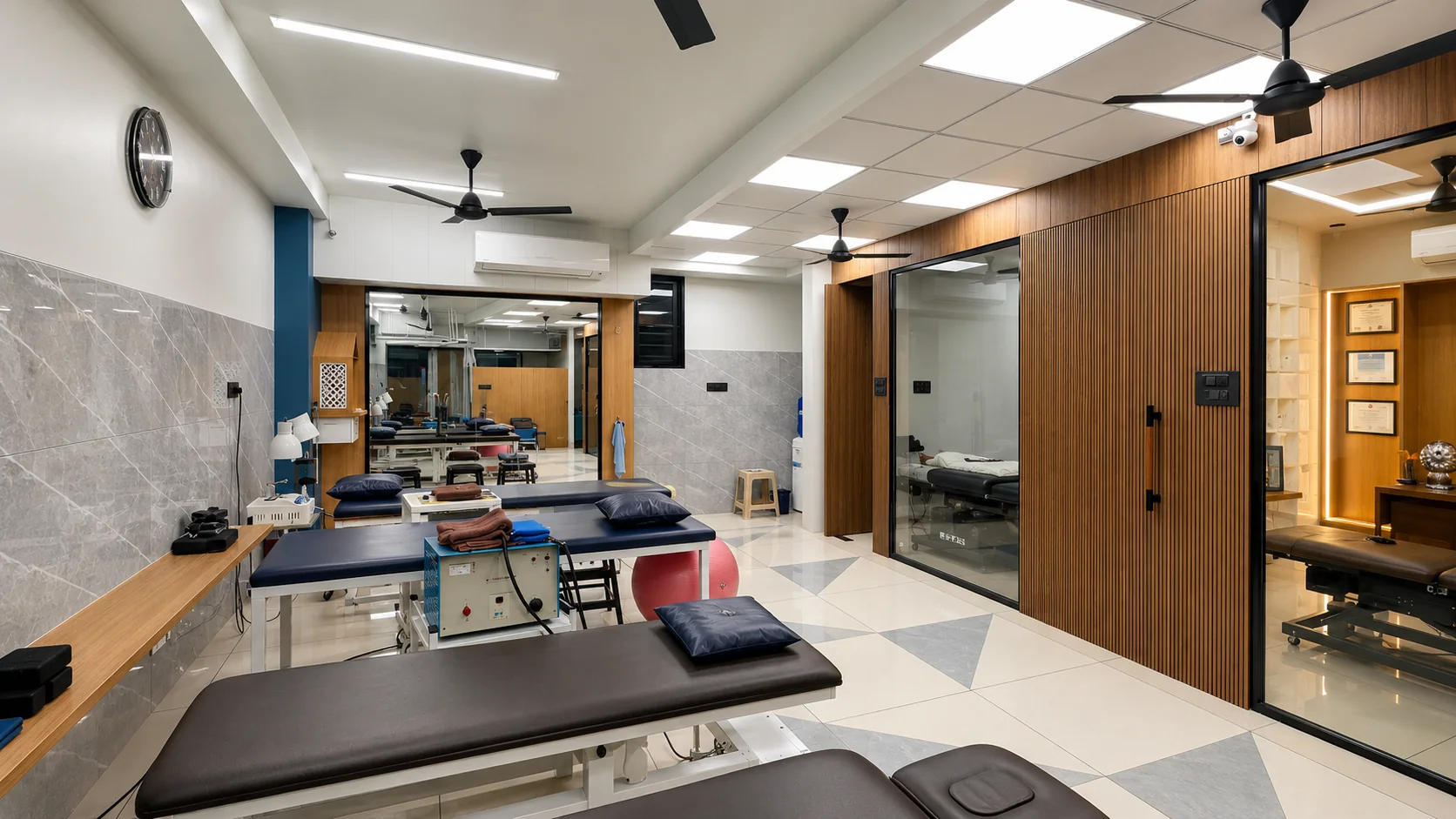 Modern Sai Om physiotherapy centre with treatment tables and private therapy rooms